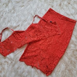 Red Lace Crop Top And Pencil Skirt Set